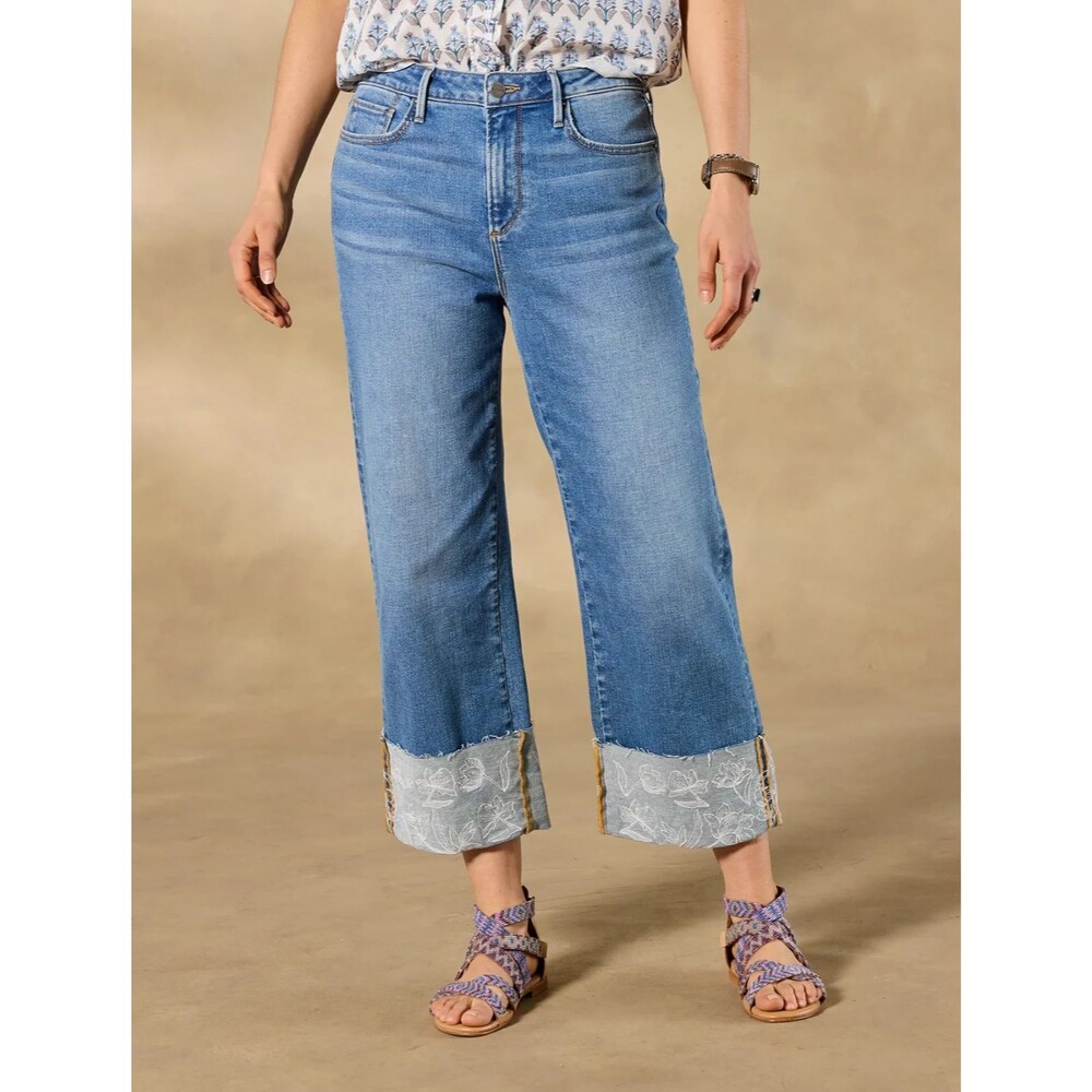 Driftwood Charlee Cuff Denim Jeans 28 Floral Embroidered Blue Wide Leg Crop New